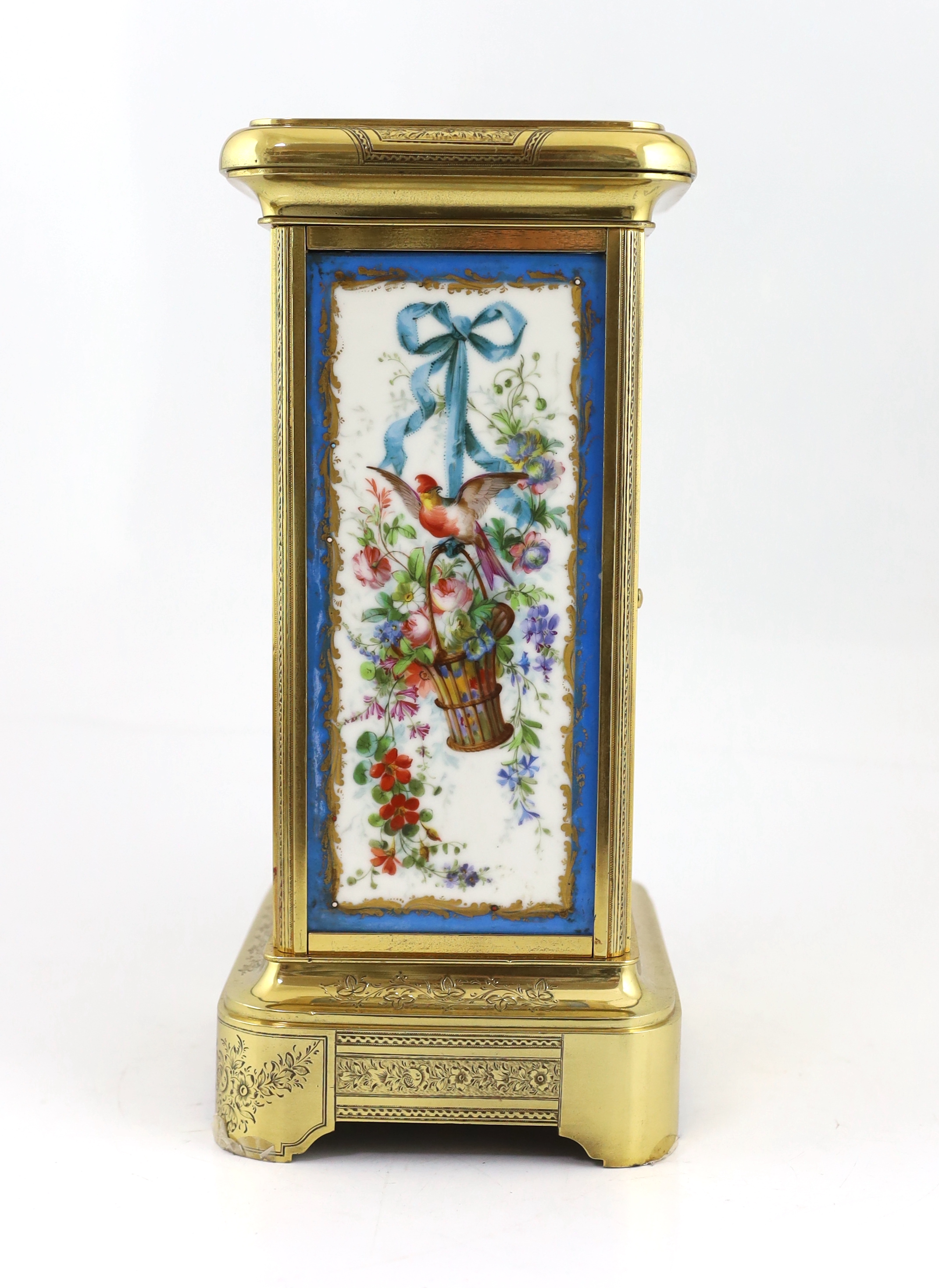 A mid 19th century French ormolu and Sevres style porcelain four panel mantel clock